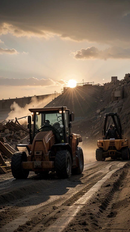 raw, orange lonking wheel loader LG 833, construction site, landmark building, epic, absurdres, cinematic, dynamic view angle, volumetric lights, mist, cinematic, dramatic angle, dutch angle, quarry, dust, volumetric lights, wet road after rain, mist, sunset, sun low on horizon, clouds 