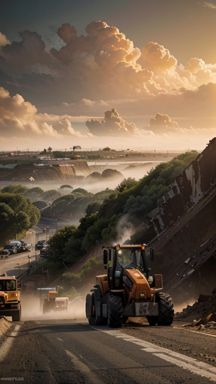 raw, orange lonking wheel loader LG 833, construction site, landmark building, epic, absurdres, cinematic, dynamic view angle, volumetric lights, mist, cinematic, dramatic angle, dutch angle, quarry, dust, volumetric lights, wet road after rain, mist, sunset, sun low on horizon, clouds