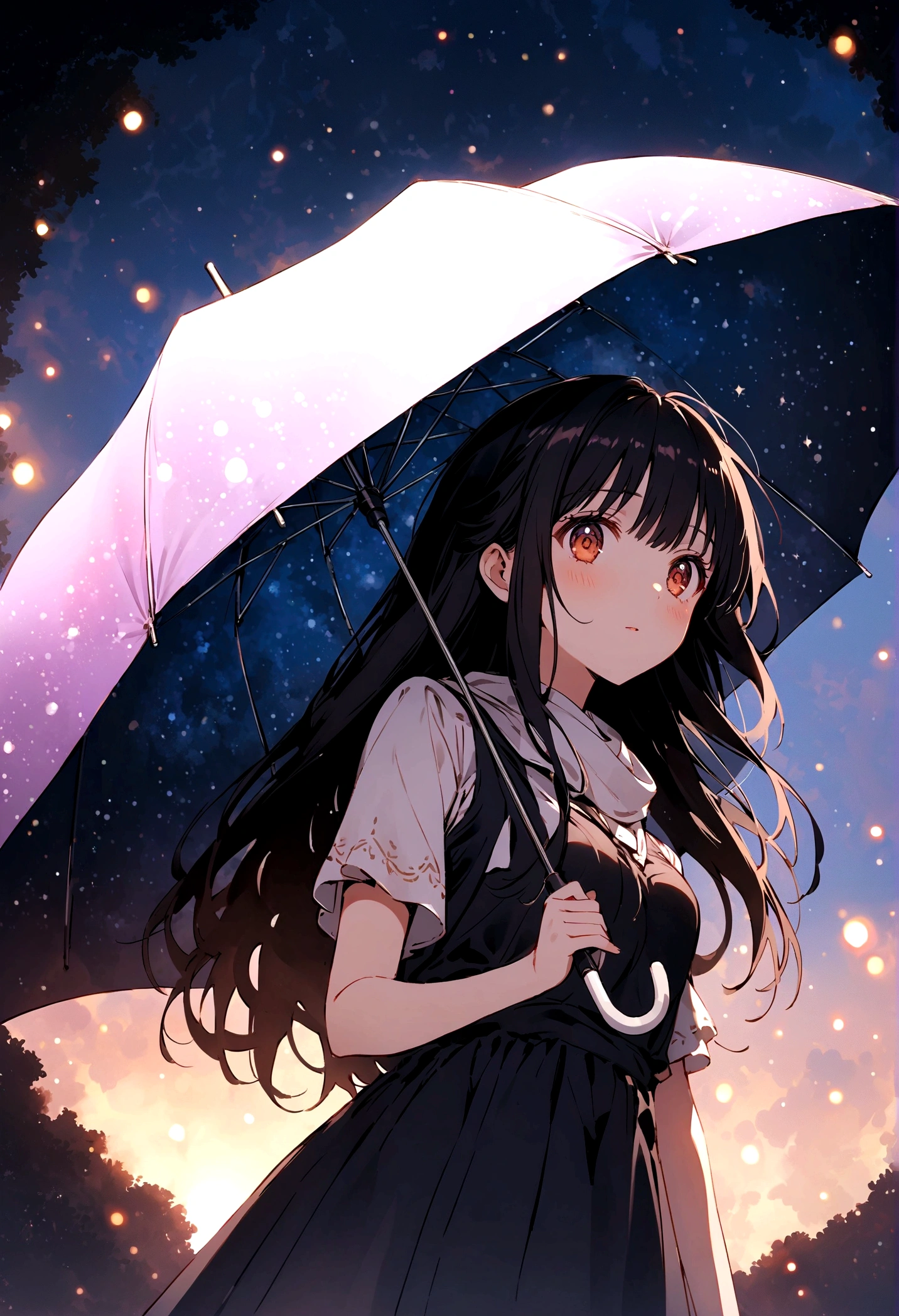 Inside the umbrella\(Starry Sky\(Shining Star, nebula\), background\((Very dark:1.3),Hubby Rain\(Many raindrops slowly fall from the sky\)\),(From below:1.4),