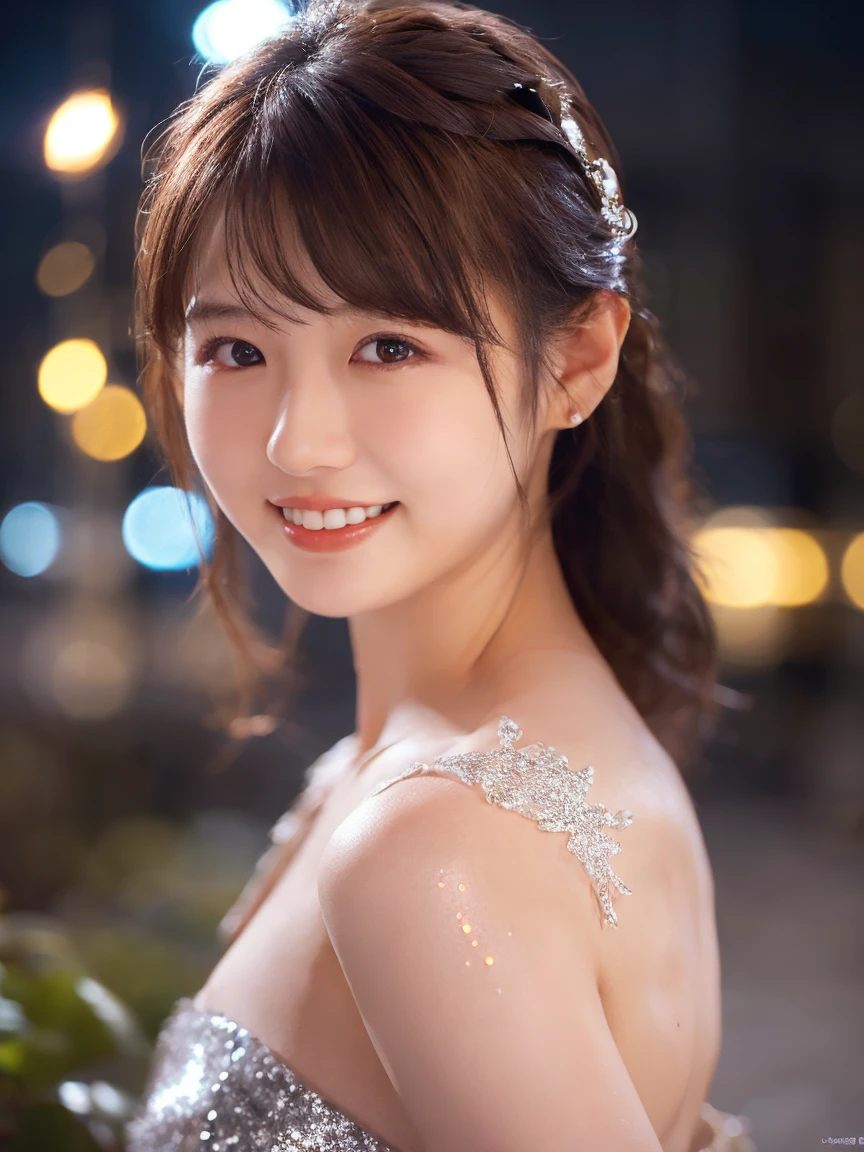 1 Girl, (Wearing a white glitter dress:1.2), (RAW Photos, Highest quality), (Realistic, Photorealistic:1.4), Tabletop, Very delicate and beautiful, Very detailed, 2k wallpaper, wonderful, finely, Very detailed CG Unity 8k 壁紙, Very detailedな, High resolution, Soft Light, Beautiful detailed girl, Very detailed目と顔, Beautiful and detailed nose, Finely beautiful eyes, Cinema Lighting, City lights at night, Perfect Anatomy, Slender body, smile