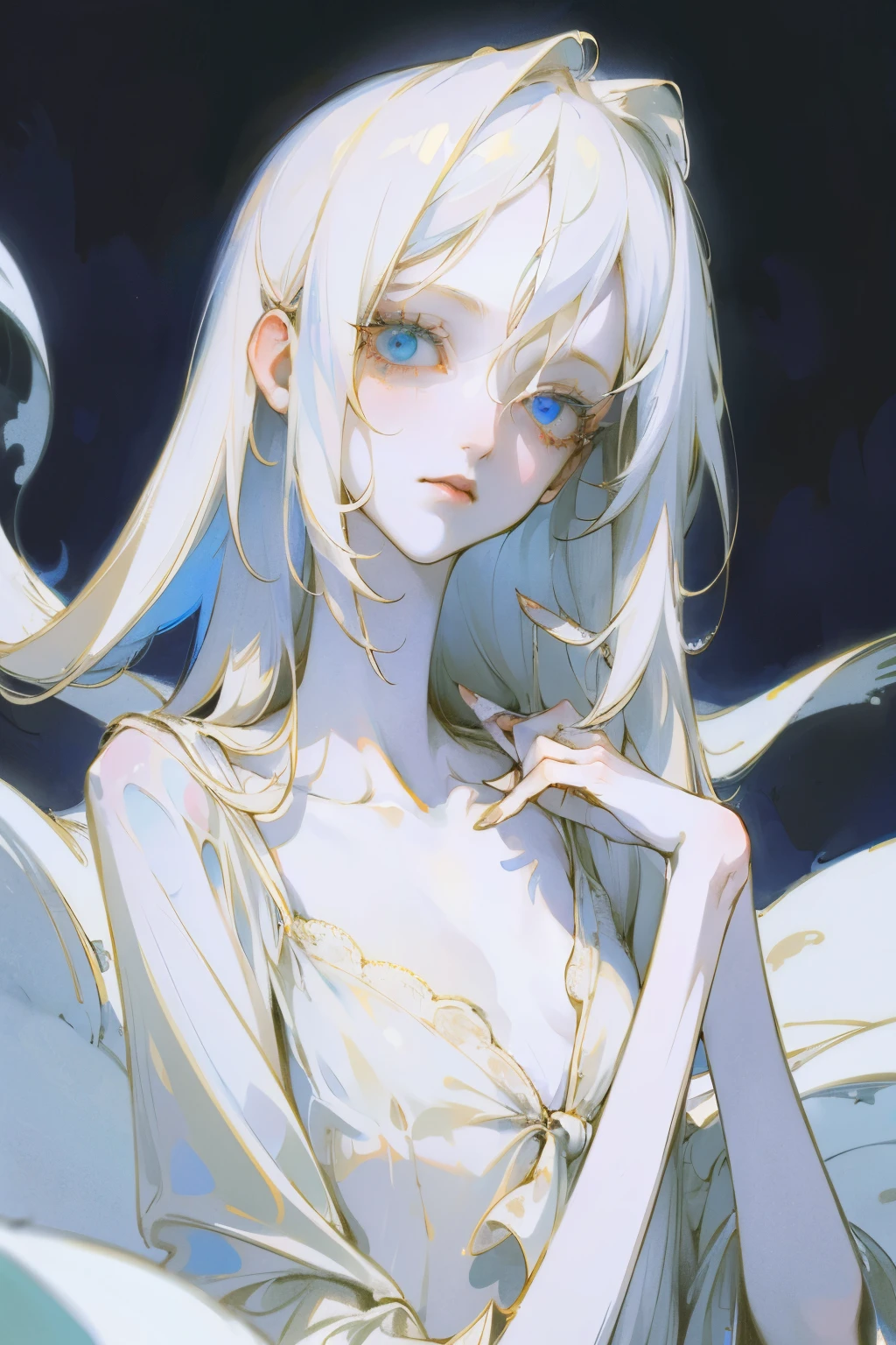 woman, detailed eyes, detailed hands, best quality, masterpiece, wearing a white nightgown, long white hair, bright blue eyes, glowing eyes, very skinny, small bust, prominent collarbones, dreamy vibe