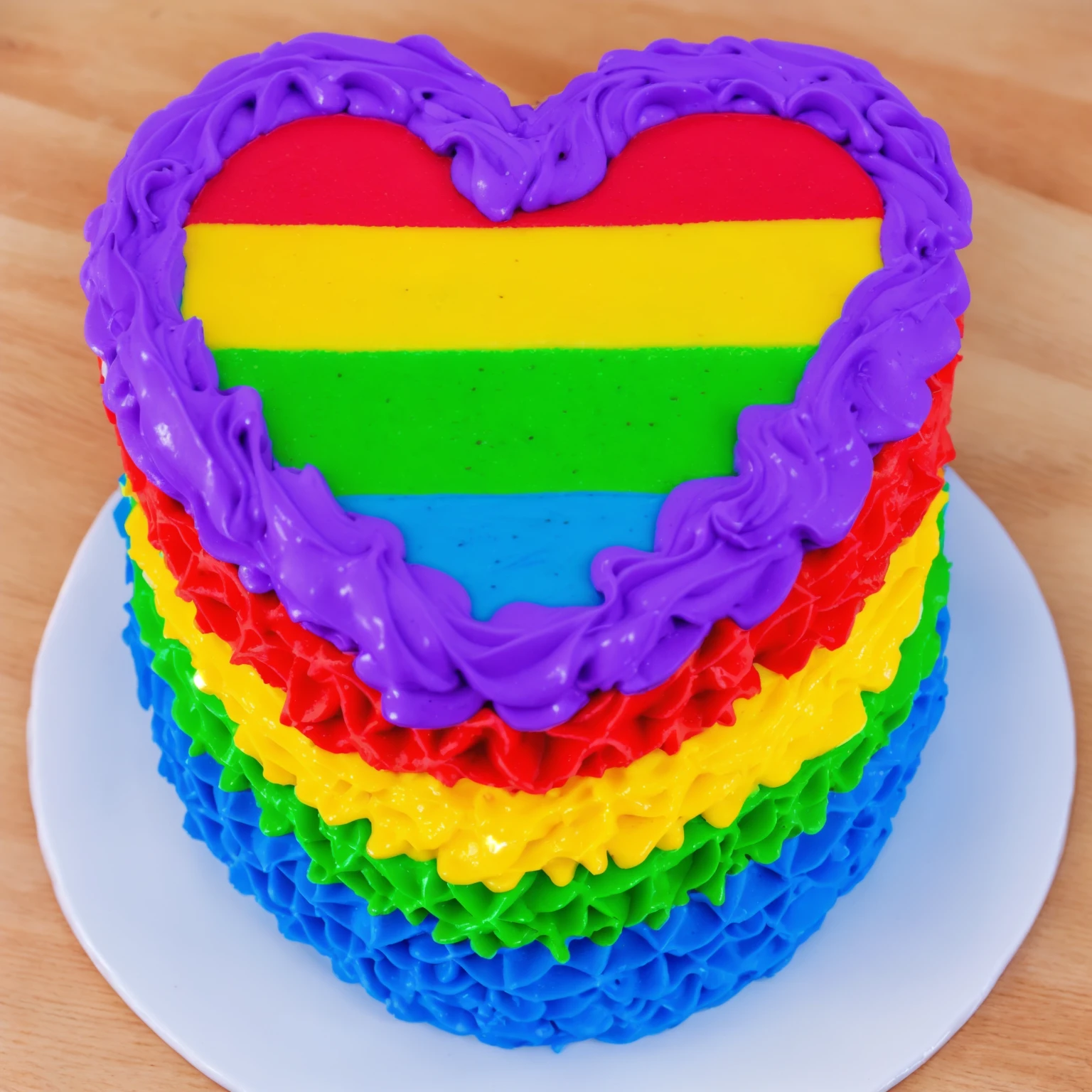on a wooden table, there is a white plate with a heart cake , rainbow cream heart cake ( star shaped) , multi-colored heart on top, decorated with purple cream, cream with highlights, view from above, Beautiful light from the window, beautiful lighting, bright announcement, Multiple light sources, Realistic style, realistic textures, high quality, high detail, detailed textures, ultra 4k hd, macro photography