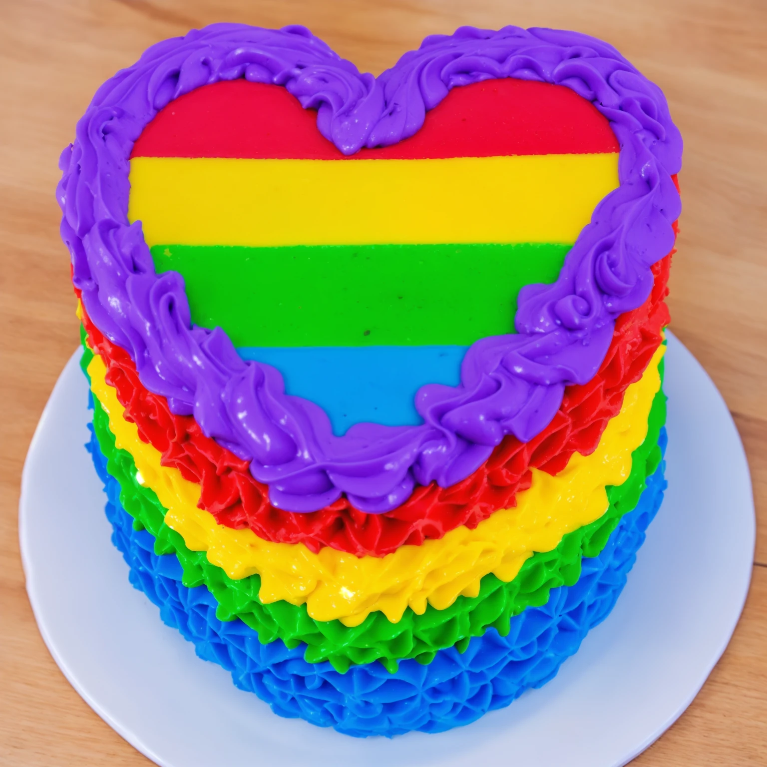 on a wooden table, there is a white plate with a heart cake , rainbow cream heart cake ( star shaped) , multi-colored heart on top, decorated with purple cream, cream with highlights, view from above,  Beautiful light from the window, beautiful lighting, bright announcement, Multiple light sources, Realistic style, realistic textures, high quality, high detail, detailed textures, ultra 4k hd, macro photography