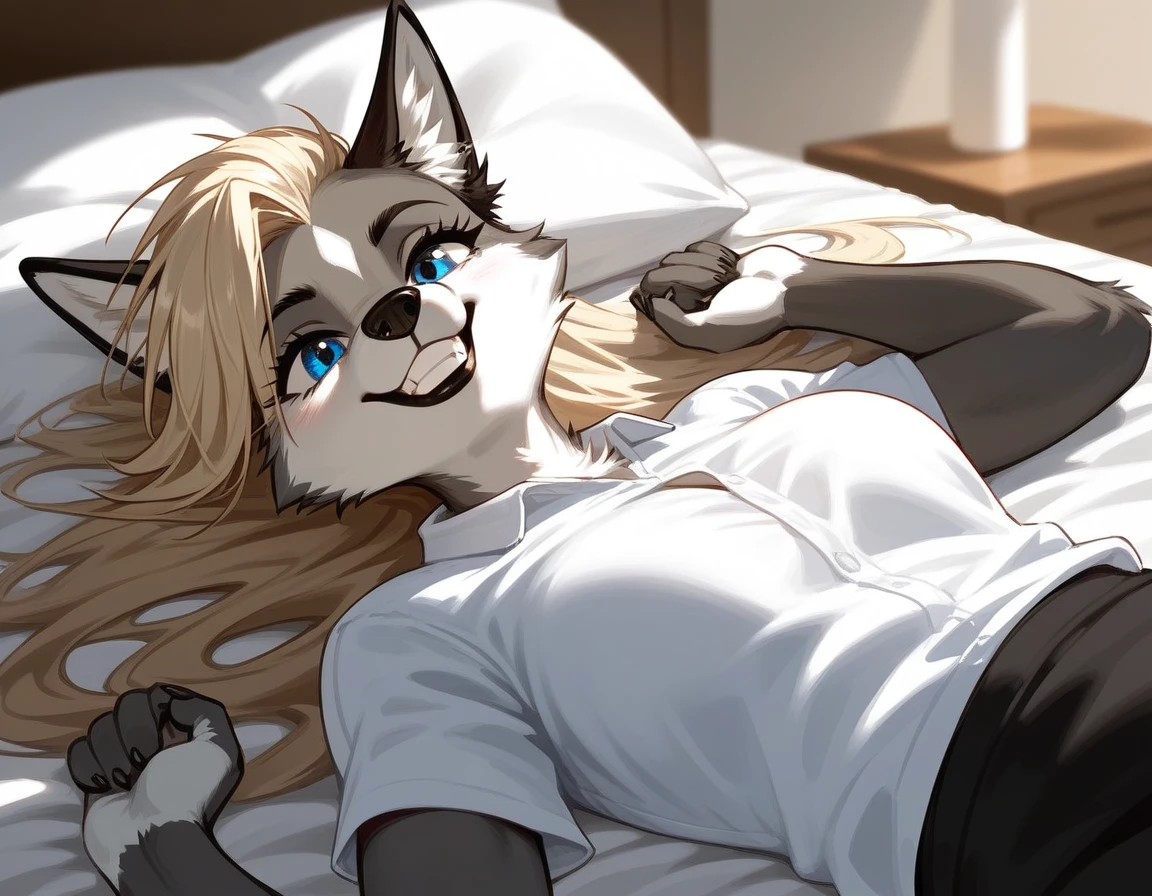 score_9,score_8_up,score_7_up, source_furry, a tall female wolf anthro, furry, gray snout, black nose, blue eyes, athletic body, short spiked undercut platinum blonde hair, black lips, wolf tail, wolf ears, lying on a bed, ahegao, portrait, clenched canine teeth, sharp canine teeth, front view, top down, (face focus), raised ass, long hair, close up, grabbing sheets, face closeup, duo, doggystyle, 1 male and 1 female, raised ass, male anthro fucks female from behind, hands on ass, ((motion lines)), thrusting, big ass, wide hips, gray fur, rough sex, blush, enjoying it, wet tongue, big breasts, breast squish,