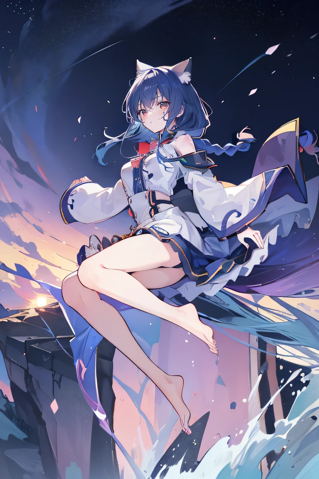 (masterpiece:1.2),Super detailed,lifelike,Expressive eyes,fair skin,perfect face shape,1 girl,
Japanese comics,Gorgeous blue hair,flowing blue hair,flowing clothes,Cat ears,Petals fall,beautiful lola,Baby Angel,sunrise,
Shaking head with one hand,Cross your legs,Gentle and peaceful background,The pavilion is cool and comfortable,smile, wearing hoodie, background of tokyo,back views,snowing, winter,seaside,wet clothes,A smile,A faint smile,。dark blue gradient hair,asymmetrical hair,((Hair is very thick 1.8,Chiseled hair 1.6)), Hair over the shoulders, Messy hair, Very long hair, shiny hair,(long dark blue hair:1.2),A beautiful girl,(Transparent clothes transparent 1.8),Perfect body,Big thin legs,slender,(Looks very sad,Looks haggard ,sadness,shut your mouth:1.2) Against the backdrop of an unusually bright dark starry sky,(Put your hands behind your back),(round,Room, Strong breasts),barefoot,float,water surface,(long legs,long legs,long legs,Completefgo style,like \(destiny\), like Adult, hair length, underwear, masterpiece, Top quality, 1 Girl, looking at the audience,(((braid)))、shameful face、Embarrassed face、Long body、huge 、