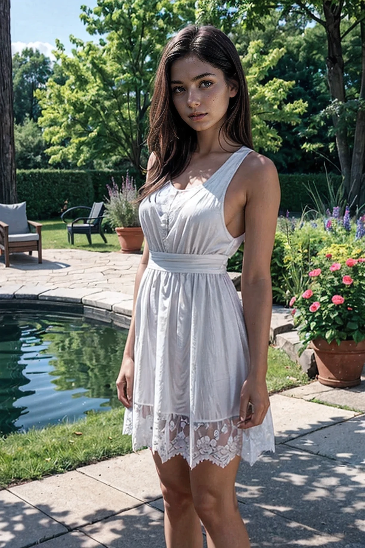 Realistic amateur photo posted to facebook , Beautiful Female ,garden ,dress
