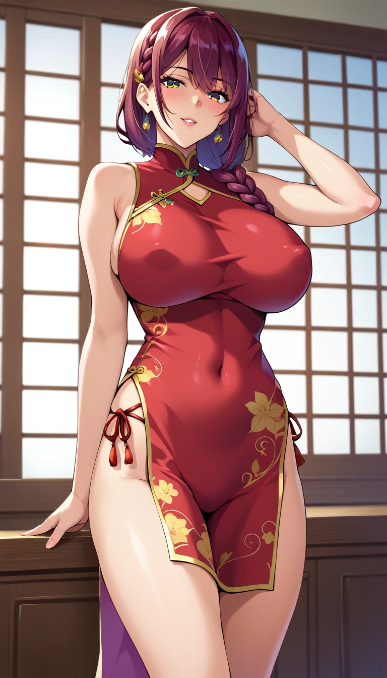 (masterpiece, best quality, ultra-detailed, high resolution, detailed eyes), takeda hiromitsu style, 1woman, (40 years old), solo, large breast, cowboy shot, standing, voluptuous body, medium side braid, Qipao(cheongsam)