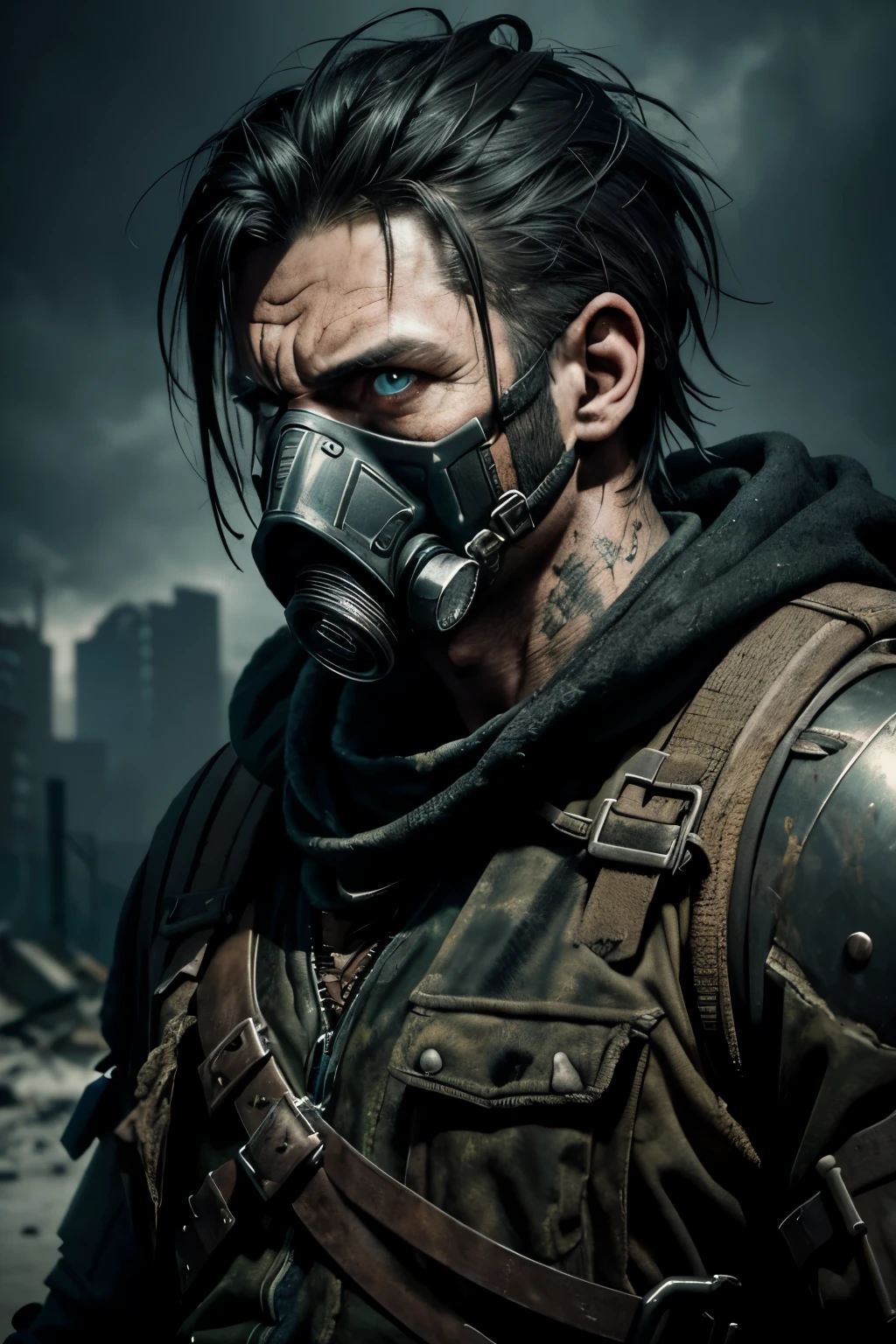 a grim, postapocalyptic raider, male, wearing a gas mask, aggressive, brutal, postapocalyptic world, detailed face, detailed eyes, detailed facial features, portrait, cinematic lighting, dramatic lighting, dark and moody, muted color palette, gritty, rugged, weathered, dystopian, hyper-detailed, photorealistic, 8k, best quality, masterpiece