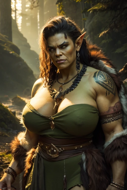 Young orc woman, big fangs, female orc, (green skin) , peaceful expression, dirty clothes and hair, wool and fur clothes, (wearing dirty linen dress), bone jewelry, forest background, natural lighting, tribal tattoos, muscular, big body, highly detailed, 4k, photorealistic, dramatic lighting, cinematic, fantasy art, ultra high quality, sharp Focus, orczor