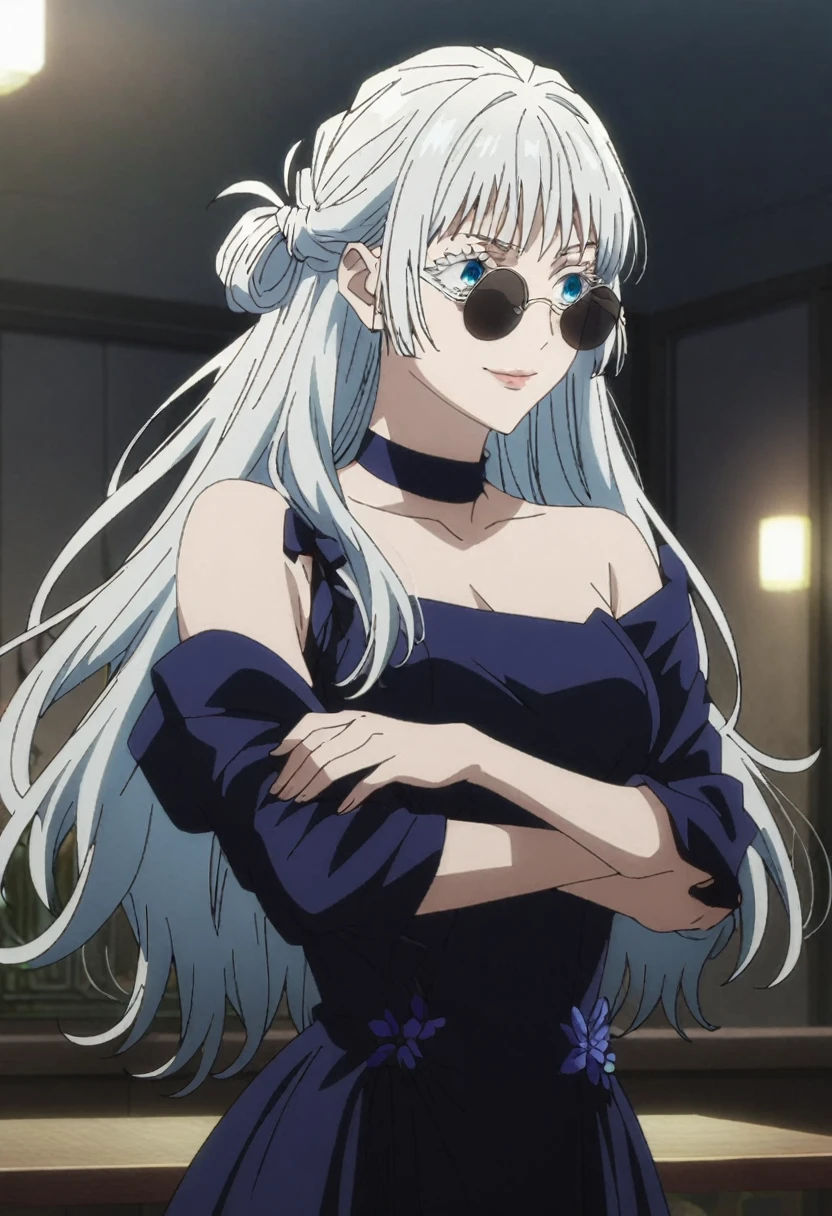 1girl, female gojo satoru, anime screencap from jujutsu kaisen, gojo satoru female version, solo, long_hair, blue eyes, ((white eyelashes)), ((white_hair)), night view, breasts, upper_body, smile, indoors, book, bangs, blue_eyes, lips, (wearing round sunglasses) , ((her hairstyle : The character in the image has long straight white hair)) wearing black color party dress, bare shoulder, breast, "very detailed and high resolution" (blue eyes) ((cross arms))  ((long hair)) ((solo))