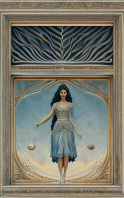 an intricate lymphatic system made of white and black is shaping the figure of the priestess of the silver star, the priestess is sitting before a veil between two pillars,female, uniting intelligence,dominant cold pale blue, silver, blue and silver rayed sky blue tonality, fractal, brilliant colours, masterpiece, highly detailed, 4k resolution, 3d modelling, digital art
