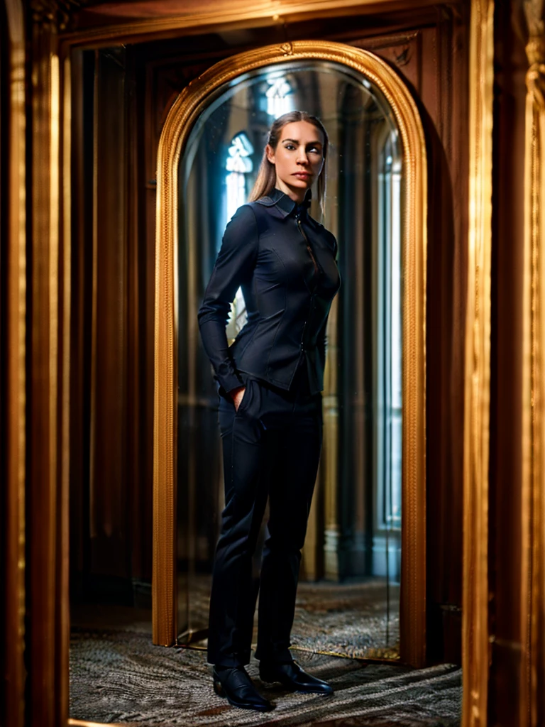 Highly detailed image of the most realistic look.
The central element of the image is a Moscow apartment, the setting of which corresponds to the sixties of the twentieth century. In the center of the room there is a large oval mirror on a stand., capable of rotating around a central axis horizontally.
There is a big black cat in front of the mirror, as tall as an average person, standing on its hind legs. The cat drinks coffee: he has a cup of drink in his right front paw, and he takes a sip, and in the left front paw there is a saucer. The cat is turned half-turn towards us, and we see his reflection in the mirror.
The interior of the room contains items typical of the sixties: furniture, wallpaper, Lights, books and other items, which add the atmosphere of time and place.