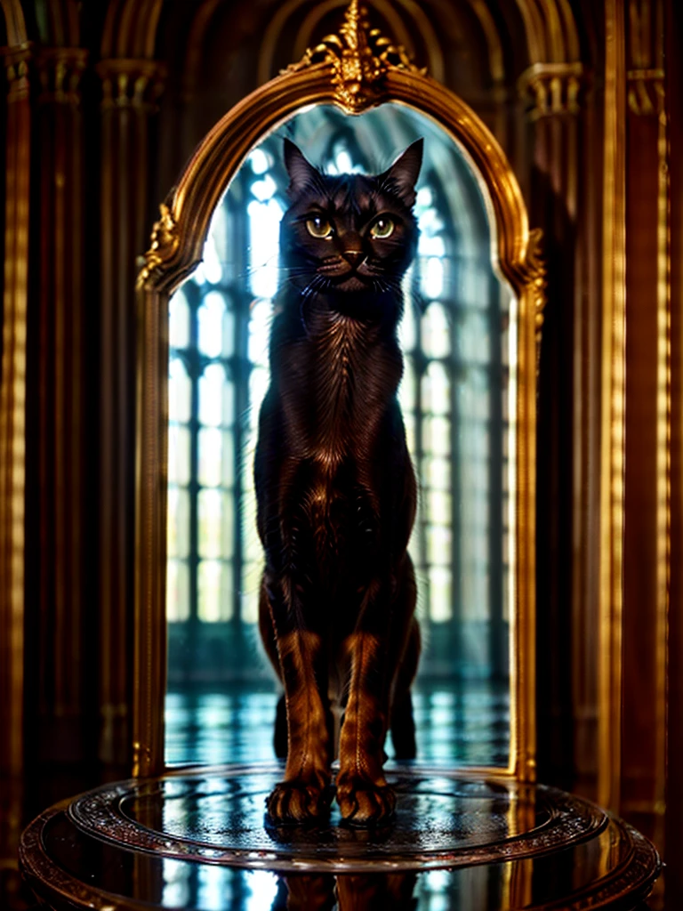 Highly detailed image of the most realistic look.

The central element of the image is a Moscow apartment, the setting of which corresponds to the sixties of the twentieth century. In the center of the room there is a large oval mirror on a stand., capable of rotating around a central axis horizontally.

There is a big black cat in front of the mirror, as tall as an average person, standing on its hind legs. The cat drinks coffee: he has a cup of drink in his right front paw, and he takes a sip, and in the left front paw there is a saucer. The cat is turned half-turn towards us, and we see his reflection in the mirror.

The interior of the room contains items typical of the sixties: furniture, wallpaper, Lights, books and other items, which add the atmosphere of time and place.