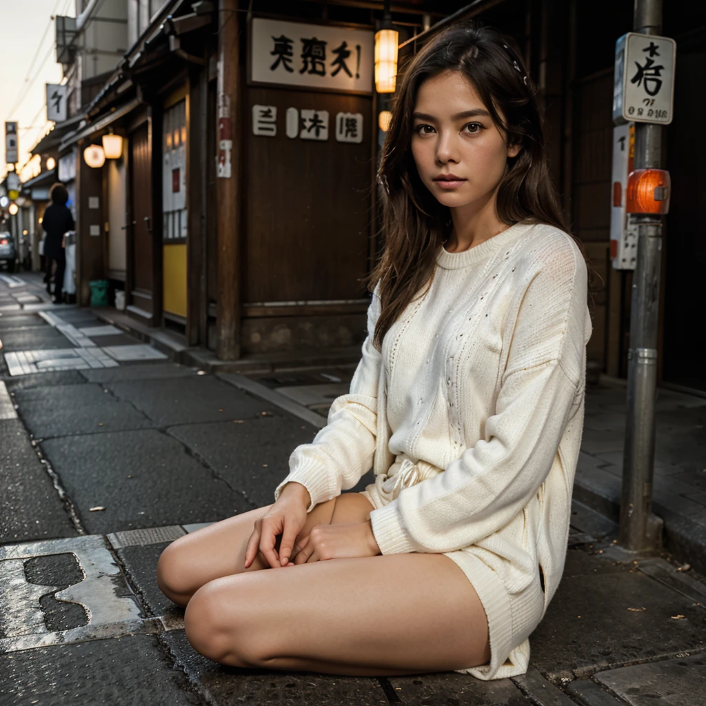 Female supermodel. White sweater. Sitting in the middle of road. Dim, soft lighting. Sunset. Omoide Yokocho, Tokyo, Japan.