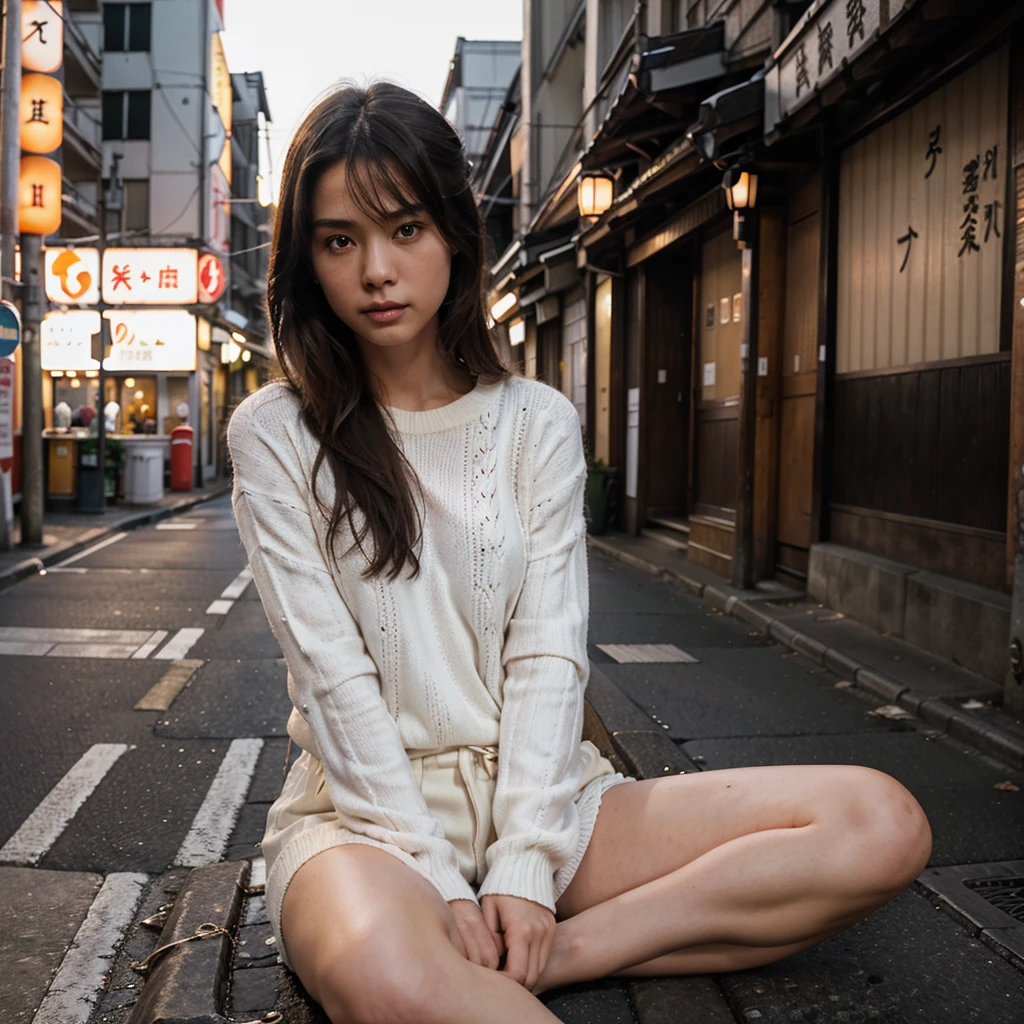 Female supermodel. White sweater. Sitting in the middle of road. Dim, soft lighting. Sunset. Omoide Yokocho, Tokyo, Japan.