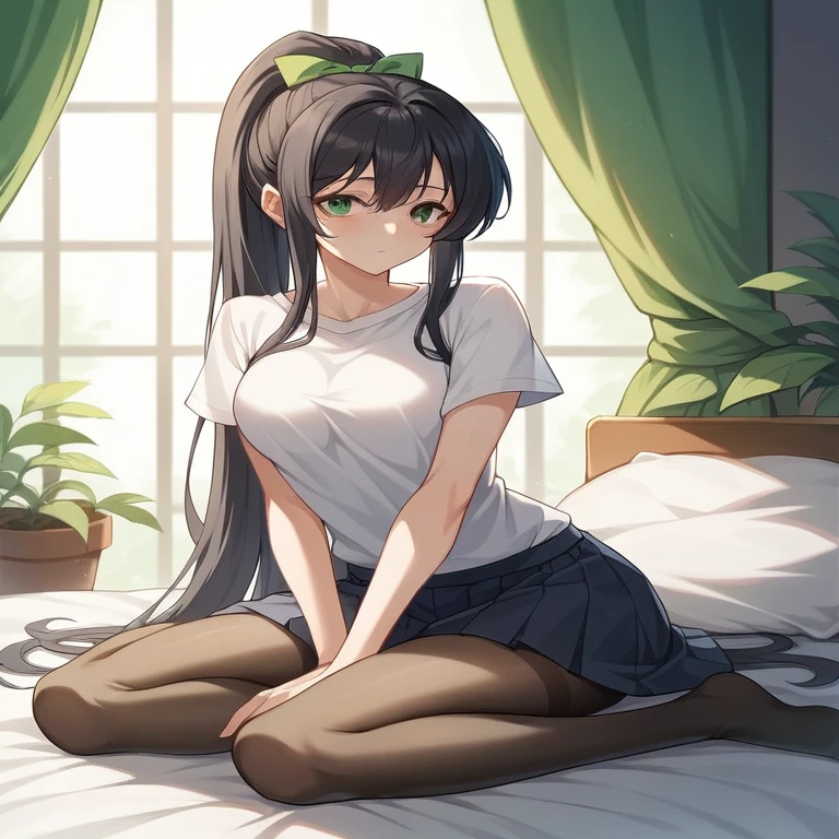 masterpiece, highest quality, High resolution, 1girl Sayaka Kirasaka,Black Hair,Long Hair,Green Eyes, High Ponytail Hair Ribbon,no bra and panty, exposing his tits and oussy,Sexy pose,Sitting on the bed,(masterpiece:1.2), highest quality, High resolution, unity 8k wallpaper, (shape:0.8), (Beautiful and detailed:1.6), Highly detailed face, Perfect lighting, Highly detailed CG, (Perfect hands, Perfect Anatom),