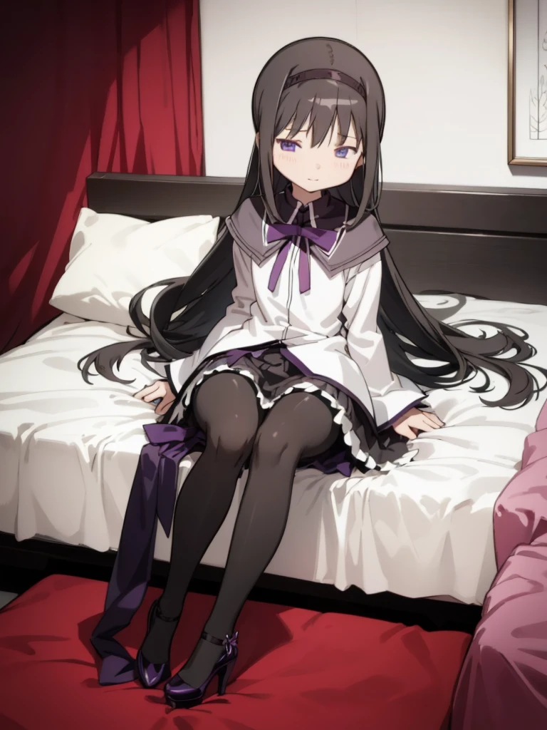 , 1girl,  akemi homura, black hair, long hair, hair ribbon, small breasts, my room
looking at viewer,  high heel,, (pantyhose),looking viewer