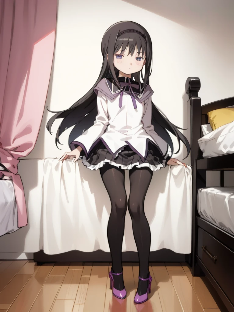 , 1girl,  akemi homura, black hair, long hair, hair ribbon, small breasts, my room
looking at viewer,  high heel,, (pantyhose),looking viewer