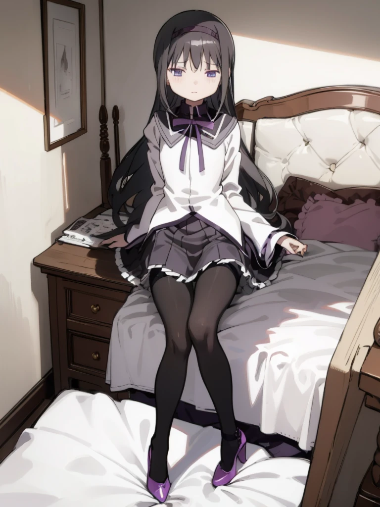 , 1girl,  akemi homura, black hair, long hair, hair ribbon, small breasts, my room
looking at viewer,  high heel,, (pantyhose),looking viewer