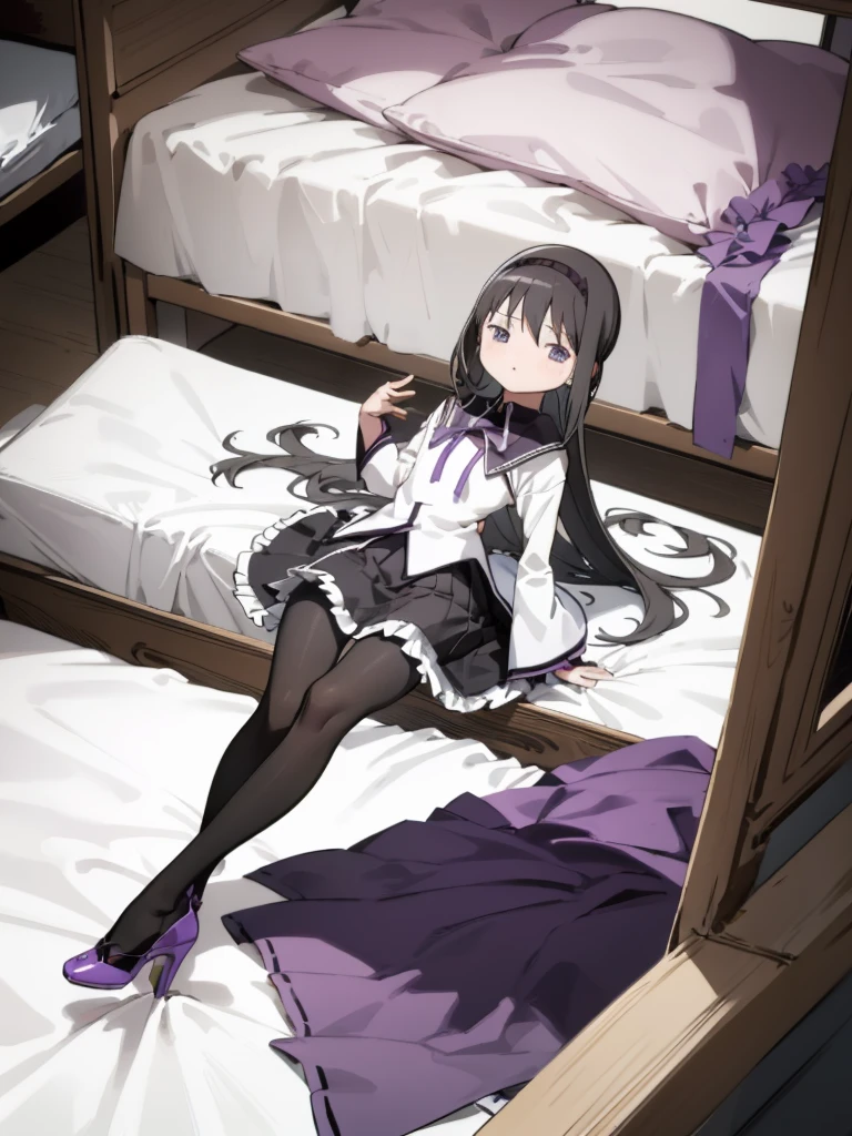 , 1girl,  akemi homura, black hair, long hair, hair ribbon, small breasts, my room
looking at viewer,  high heel,, (pantyhose),looking viewer