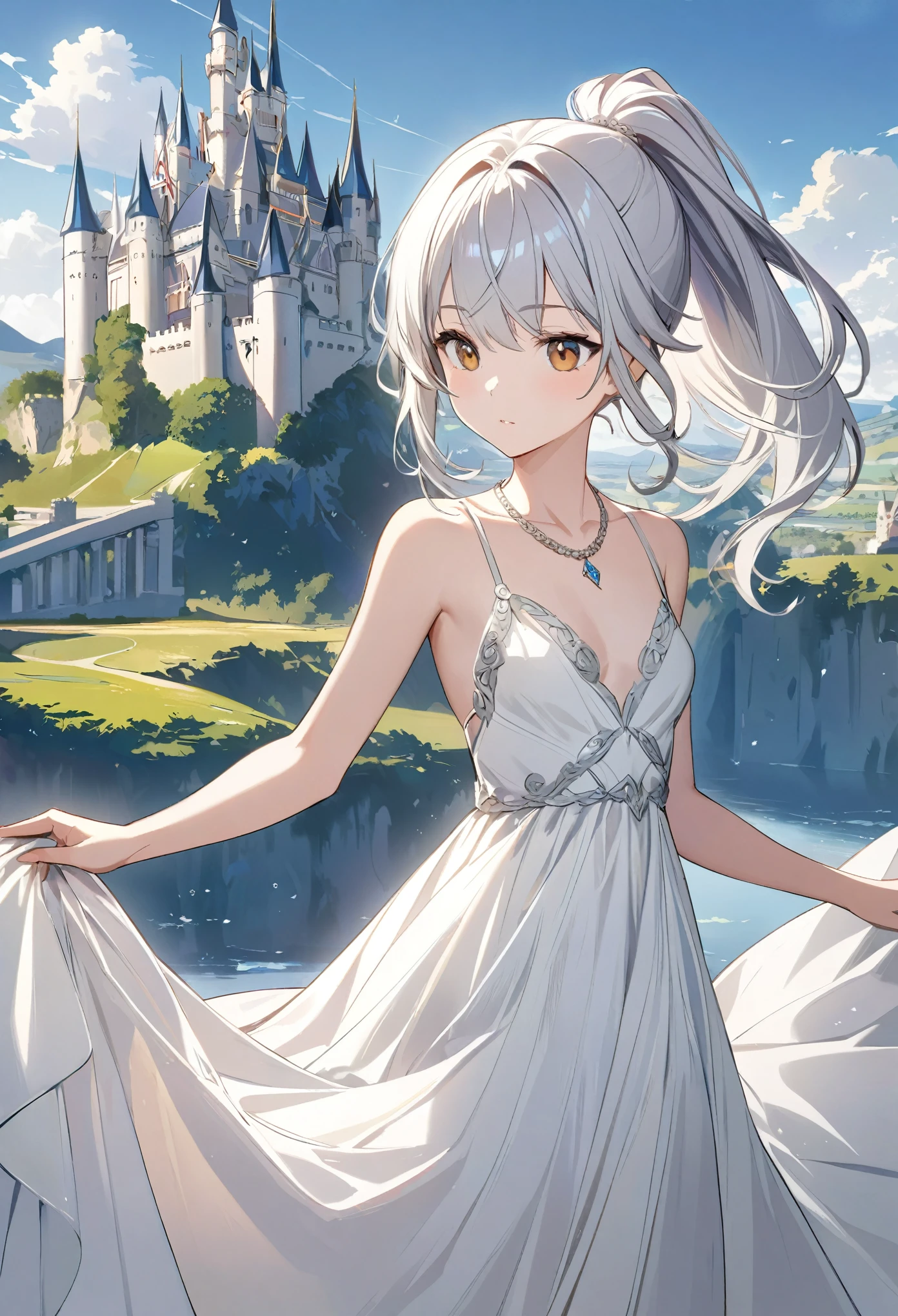 1girl, ponytail , fair skin, silver hair, golden eyes, (elegant  white dress:1.3), (small breasts:1.4), collarbone, petite figure, (illustration:1.1), (perfect details:1.1), landscape, background, castle, abstract, diamond necklace, princess