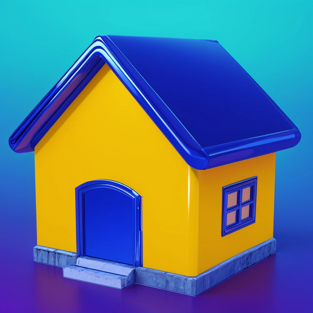 This image features a glossy yellow house with sharp, reflective surfaces that give it a polished and shiny appearance. The house has a modern design with simple, square shapes and distinct angles, adding to its sleek look. The vibrant blue roof contrasts beautifully with the yellow walls, creating an attractive and colorful combination. The windows and door are framed, enhancing the overall aesthetic of the house. The glossy surfaces reflect light, giving the house a dynamic and vibrant look. The house appears minimalist and toy-like, with its straightforward, square design and bright colors making it unique and appealing.Create ultra sharp цветной рендеринг zbrush. perfect cgi, cgi art created only with gradients, smooth silhouette, Create ultra sharp skin, high intensity refraction, (plastic material), most beautiful vfx, blue background, plastic refractions, glossy texture, smooth 3d model, multiple light sources, rim light, sharp post effects render, (glossy plastic texture with multiple big light probe refractions), perfect cgi, cgi art created only with gradients, smooth silhouette, high intensity refraction, (plastic material), most beautiful vfx, blue background