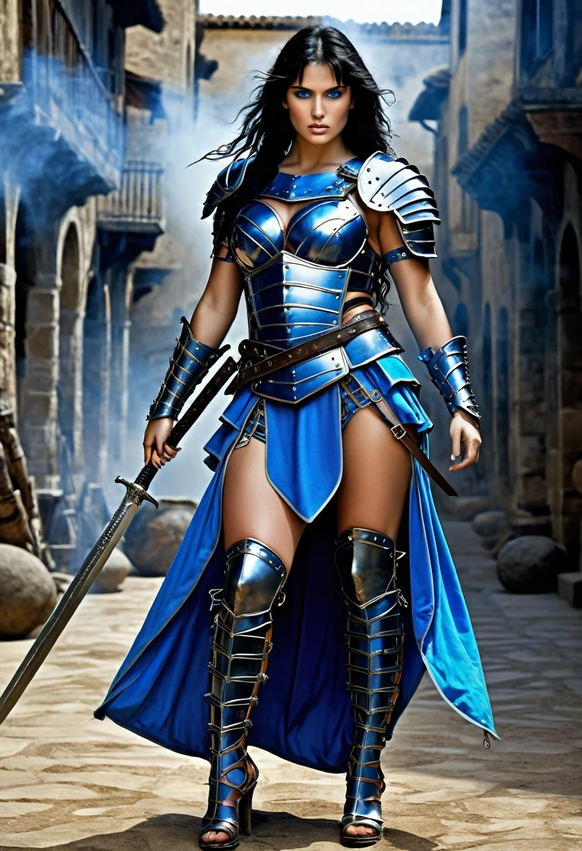 albrecht durer meets Luis Royo-inspired style, visualize a (((petite female gladiator))) with a thick figure, heavy physique , bulky figure, perky breast, (((healthy body))), (((very long, messy, black hair))), (((dark, mysterious, blue eyes))), dressed in a (((vivid, legendary, 16K, hyper-detail sexy body armor dress))), embodying a (((fantastic, full-body aesthetic))) against a backdrop of (((swirling, hyper-detailed smoke))).