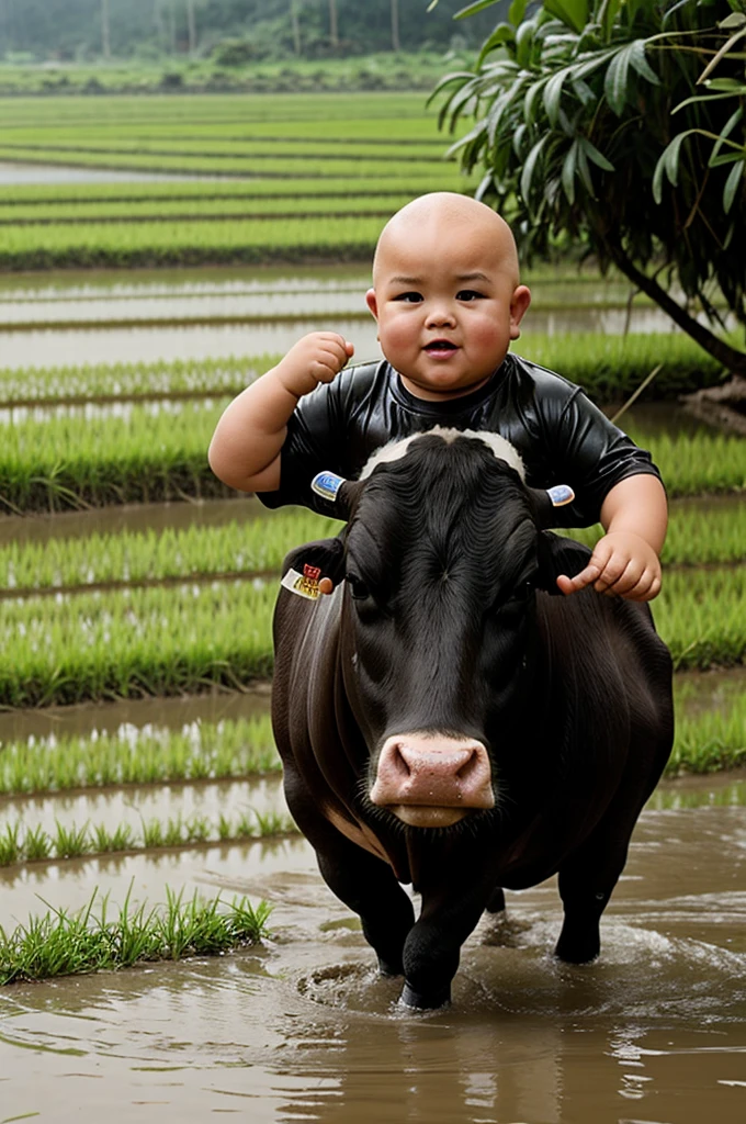 A fat boy with a bald head was playing in the rain in the rice fields and was being chased by a cow