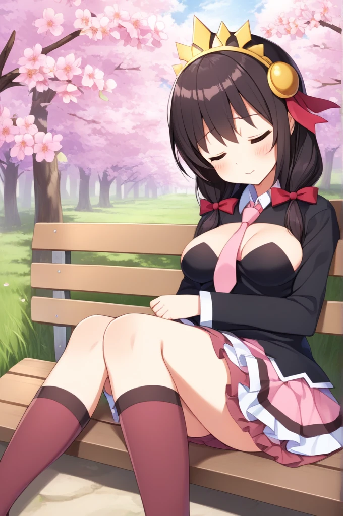 alone, One girl, Crown Blade, hair ornaments, Hair Ribbon, Pink tie, Black long sleeve, Pink Skirt, Knee socks, Cleavage, grassland、Black Hair、(I'm sleeping with my eyes closed:1.5)、(blush:)、Sleeping beside me on a bench、cherry blossoms