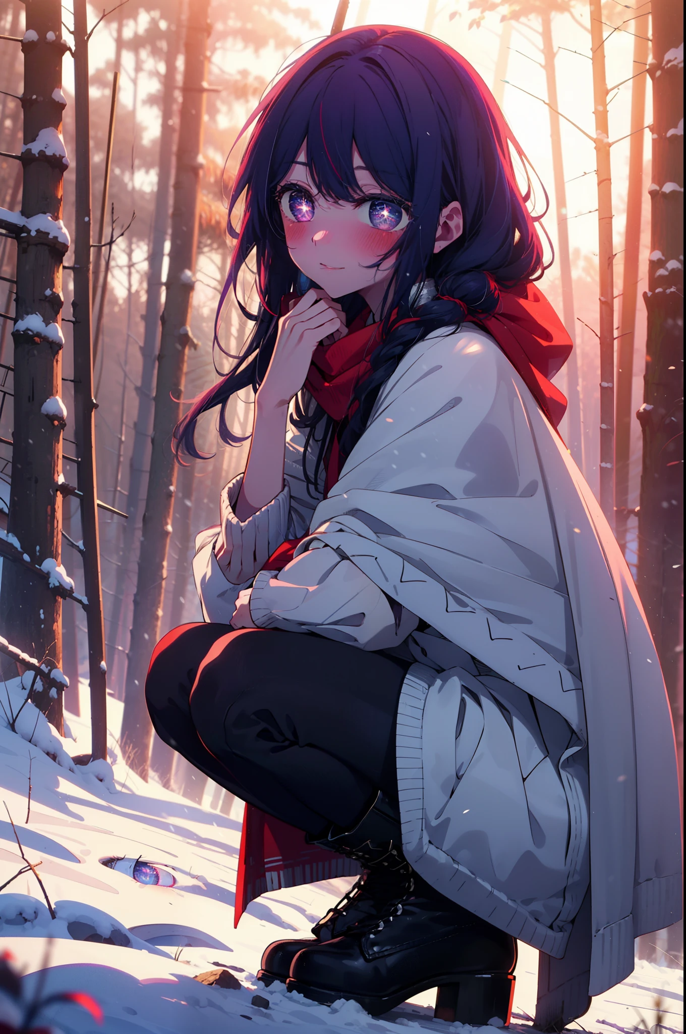 aihoshino, Ai Hoshino, Long Hair, bangs, (Purple eyes:1.1), Purple Hair, (Symbol-shaped pupil:1.5), smile,,smile,blush,White Breath,
Open your mouth,snow,Ground bonfire, Outdoor, boots, snowing, From the side, wood, suitcase, Cape, Blurred, , forest, White handbag, nature,  Squat, Mouth closed, Cape, winter, Written boundary depth, Black shoes, red Cape break looking at viewer, Upper Body, whole body, break Outdoor, forest, nature, break (masterpiece:1.2), Highest quality, High resolution, unity 8k wallpaper, (shape:0.8), (Beautiful and beautiful eyes:1.6), Highly detailed face, Perfect lighting, Highly detailed CG, (Perfect hands, Perfect Anatomy),