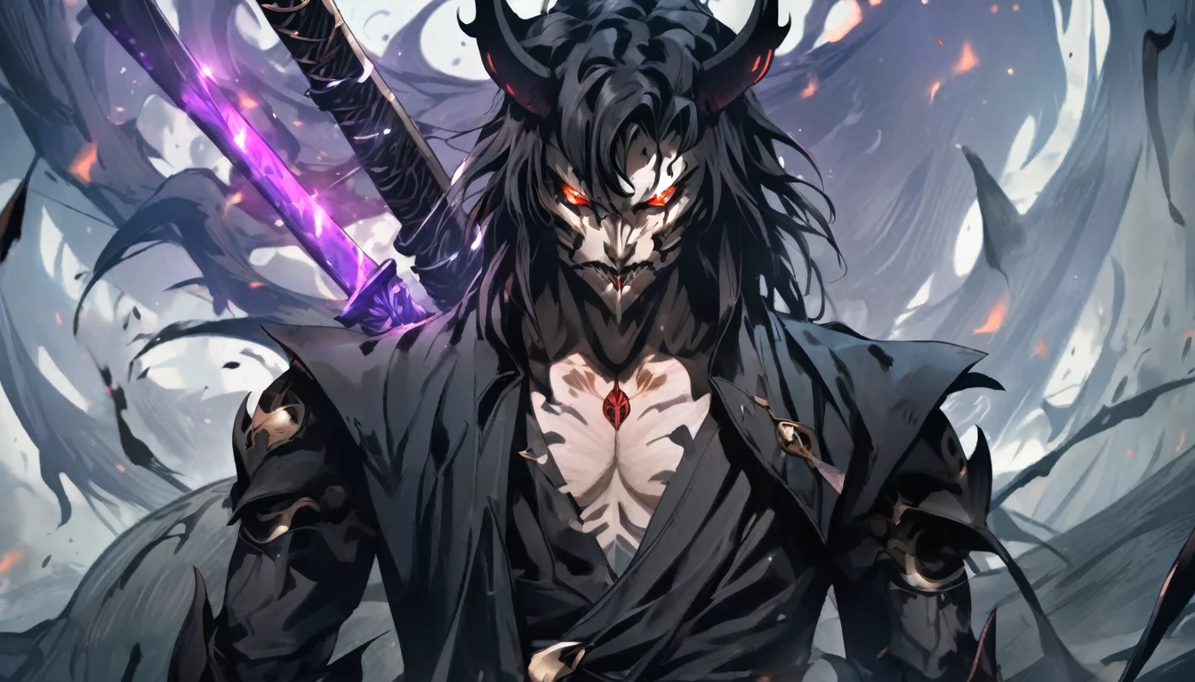 demon mask, sword on the hand,close up, black heavy detailed clothes, hand katana, art, dark and malevolent, hand sword, armor, powerful and intimidating, (masterpiece, best quality, ultra-detailed, best shadow), (detailed background, dark fantasy) dramatic light, intricate details, dark and malevolent, powerful and intimidating, Dark and foreboding, malevolent force, sinister and chilling, armor, high detailed background, girl in demon slayer art, demon slayer art style, epic anime art, God death