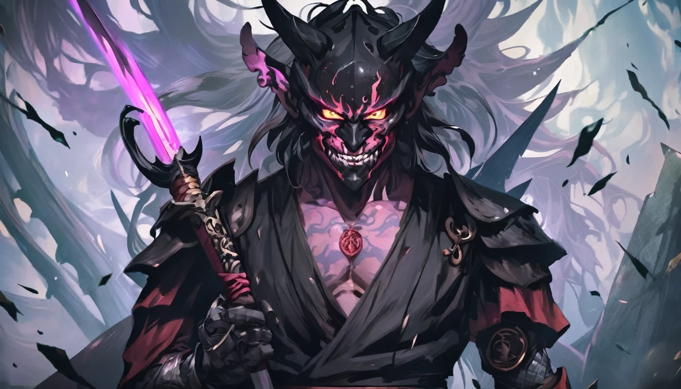 demon mask, sword on the hand,close up, black heavy detailed clothes, hand katana, art, dark and malevolent, hand sword, armor, powerful and intimidating, (masterpiece, best quality, ultra-detailed, best shadow), (detailed background, dark fantasy) dramatic light, intricate details, dark and malevolent, powerful and intimidating, Dark and foreboding, malevolent force, sinister and chilling, armor, high detailed background, girl in demon slayer art, demon slayer art style, epic anime art, God death