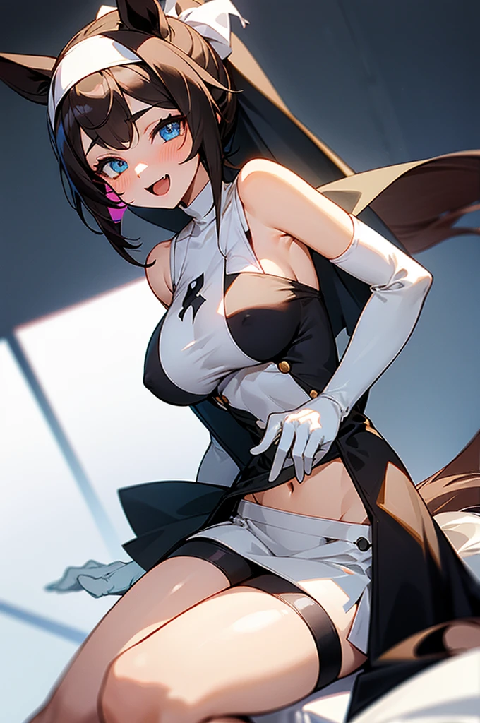 1 girl, solo, long hair, breasts, staring at viewer, blushing, smiling, open mouth, blue eyes, skirt, very large breasts, simple background, brown hair, shirt, knee-highs, gloves, white background, navel, animal ears, exposed shoulders, collarbone, tail, ponytail, white hair, :d, thighs, colorful hair, hairband, sleeveless, elbow gloves, fangs, abdomen, stripes, white gloves, two-tone hair, side bust, horse ears, horse girl, horse tail, black hair, hair accessory, gloves, sitting, yellow eyes, thighs, white gloves, exposed navel, thigh straps, heterochromia, skimpy clothing, (nun), (nun's habit), bib, chest curtain