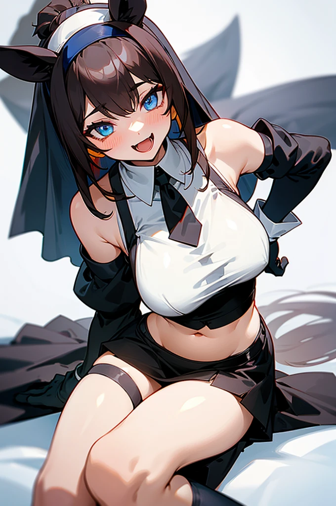 1 girl, solo, long hair, breasts, staring at viewer, blushing, smiling, open mouth, blue eyes, skirt, very large breasts, simple background, brown hair, shirt, knee-highs, gloves, white background, navel, animal ears, exposed shoulders, collarbone, tail, ponytail, white hair, :d, thighs, colorful hair, hairband, sleeveless, elbow gloves, fangs, abdomen, stripes, white gloves, two-tone hair, side bust, horse ears, horse girl, horse tail, black hair, hair accessory, gloves, sitting, yellow eyes, thighs, white gloves, exposed navel, thigh straps, heterochromia, skimpy clothing, (nun), (nun's habit), bib, chest curtain