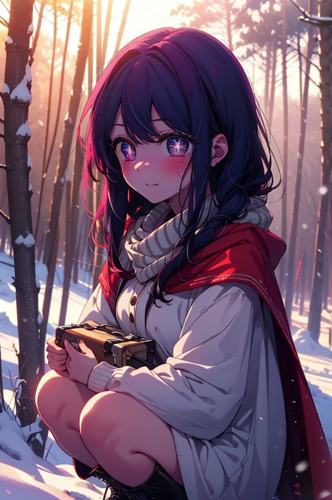 aihoshino, Ai Hoshino, Long Hair, bangs, (Purple eyes:1.1), Purple Hair, (Symbol-shaped pupil:1.5), smile,,smile,blush,White Breath,
Open your mouth,snow,Ground bonfire, Outdoor, boots, snowing, From the side, wood, suitcase, Cape, Blurred, , forest, White handbag, nature,  Squat, Mouth closed, Cape, winter, Written boundary depth, Black shoes, red Cape break looking at viewer, Upper Body, whole body, break Outdoor, forest, nature, break (masterpiece:1.2), Highest quality, High resolution, unity 8k wallpaper, (shape:0.8), (Beautiful and beautiful eyes:1.6), Highly detailed face, Perfect lighting, Highly detailed CG, (Perfect hands, Perfect Anatomy),