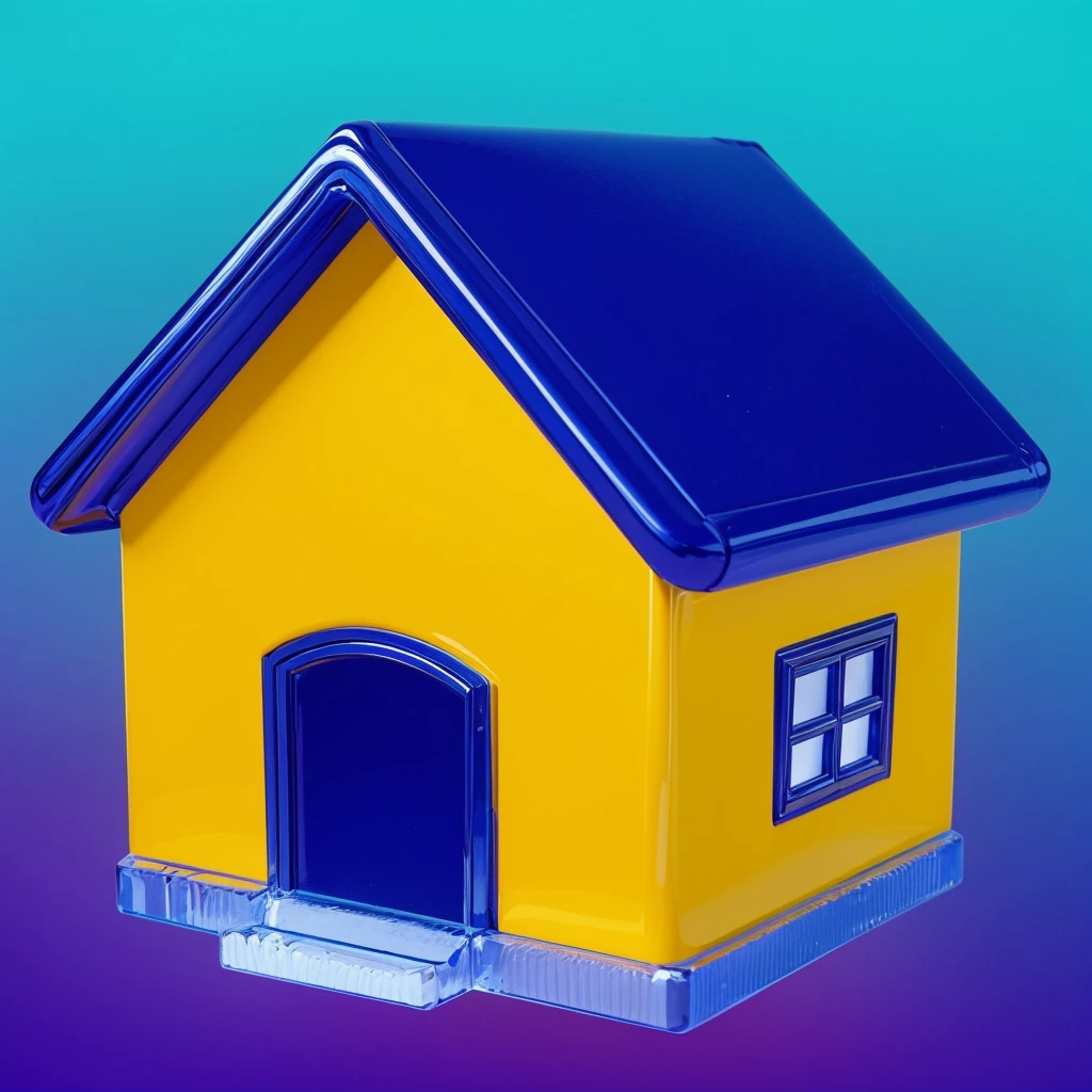 This image features a glossy yellow house with sharp, reflective surfaces that give it a polished and shiny appearance. The house has a modern design with simple, square shapes and distinct angles, adding to its sleek look. The vibrant blue roof contrasts beautifully with the yellow walls, creating an attractive and colorful combination. The windows and door are framed, enhancing the overall aesthetic of the house. The glossy surfaces reflect light, giving the house a dynamic and vibrant look. The house appears minimalist and toy-like, with its straightforward, square design and bright colors making it unique and appealing. мультяшный рендеринг ключевого кадра, милый 3D рендеринг,,Create ultra sharp  цветной рендеринг zbrush. perfect cgi, cgi art created only with gradients, smooth silhouette, Create ultra sharp skin, high intensity refraction, (plastic material), most beautiful vfx, blue background, plastic refractions, glossy texture, smooth 3d model, multiple light sources, rim light, sharp post effects render, (glossy plastic texture with multiple big light probe refractions), perfect cgi, cgi art created only with gradients, smooth silhouette, high intensity refraction, (plastic material), most beautiful vfx, blue background