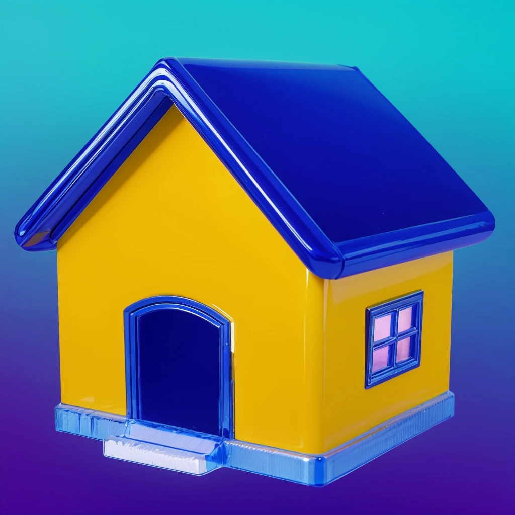 This image features a glossy yellow house with sharp, reflective surfaces that give it a polished and shiny appearance. The house has a modern design with simple, square shapes and distinct angles, adding to its sleek look. The vibrant blue roof contrasts beautifully with the yellow walls, creating an attractive and colorful combination. The windows and door are framed, enhancing the overall aesthetic of the house. The glossy surfaces reflect light, giving the house a dynamic and vibrant look. The house appears minimalist and toy-like, with its straightforward, square design and bright colors making it unique and appealing. мультяшный рендеринг ключевого кадра, милый 3D рендеринг,,Create ultra sharp  цветной рендеринг zbrush. perfect cgi, cgi art created only with gradients, smooth silhouette, Create ultra sharp skin, high intensity refraction, (plastic material), most beautiful vfx, blue background, plastic refractions, glossy texture, smooth 3d model, multiple light sources, rim light, sharp post effects render, (glossy plastic texture with multiple big light probe refractions), perfect cgi, cgi art created only with gradients, smooth silhouette, high intensity refraction, (plastic material), most beautiful vfx, blue background