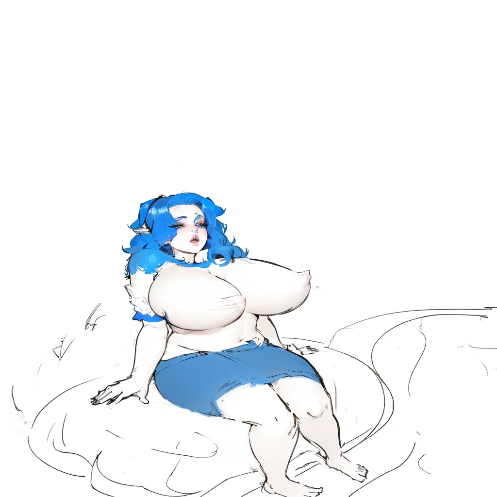 desenho de uma mulher sentada em um travesseiro with blue hair, 3/4 bust, cell shadow adult animation, cel shaded!!!, cel shaded:15, cel - shaded art style, Covered breasts and SFW, with blue skin, she is bullshit, (sfw) safe for work, blue color, with blue hair, she has pale blue skin!!!