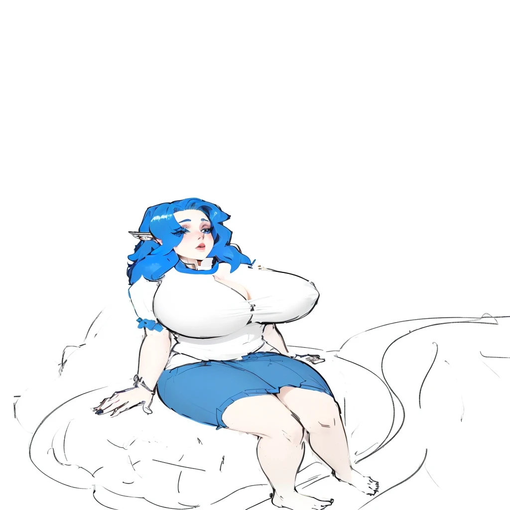 desenho de uma mulher sentada em um travesseiro with blue hair, 3/4 bust, cell shadow adult animation, cel shaded!!!, cel shaded:15, cel - shaded art style, Covered breasts and SFW, with blue skin, she is bullshit, (sfw) safe for work, blue color, with blue hair, she has pale blue skin!!!