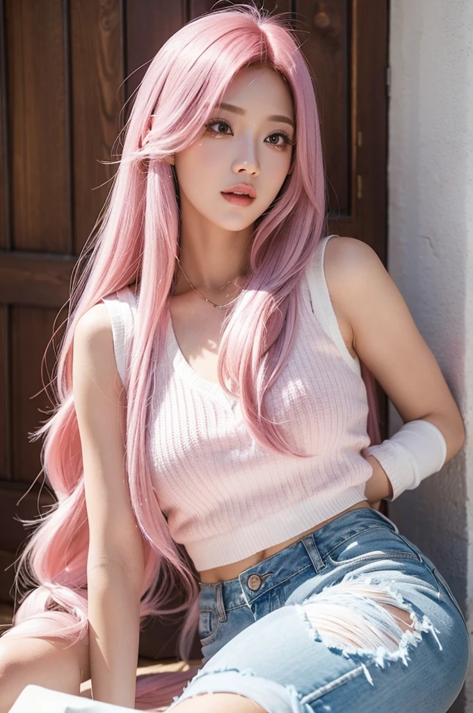 A sexy beauty with long pink hair，Hair covering one eye，Long eyelashes，White vest，Super short jeans