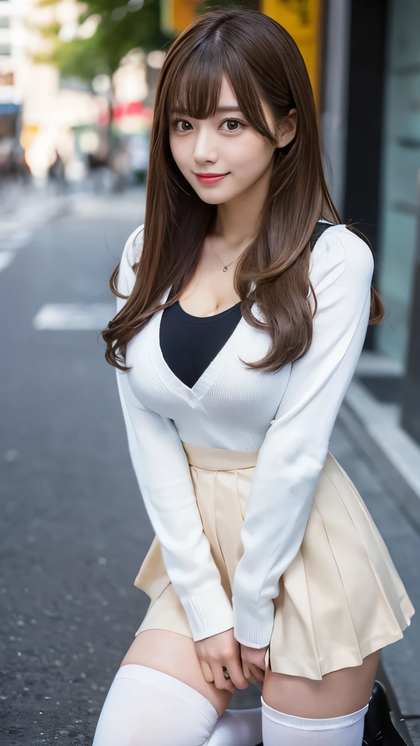 (Detailed skin:1.2),(Shiny skin:1.1),8K,Highest quality, masterpiece, Ultra-high resolution,(Realistic:1.4), RAW Photos,(Soft saturation:1.3),(Fair skin:1.2),Japanese Idols,repair,20 years, Light brown hair, (Long Hairstyles:1.2), Asymmetrical Hair, Asymmetrical bangs (Pretty face:1.4), (Large Breasts, Tight waist), Beautiful lighting, Small Head, (Student Uniform:1.2,),((White knee-high socks:1.2)),Highly detailed face, Highly detailed lips, fine grain, double eyelid,(Full Body Shot:1.2), Browsing Caution, (Sharp focus: 1.2), (Perfect Anatomy、Beautiful woman with perfect figure: 1.2)、Exposing cleavage、Model-like standing pose,Accentuate your leg lines、Smiling