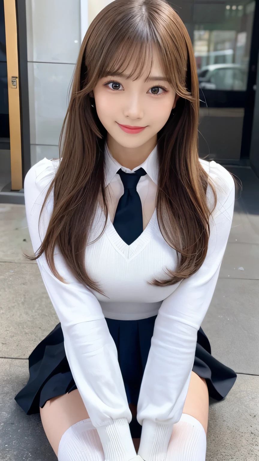 (Detailed skin:1.2),(Shiny skin:1.1),8K,Highest quality, masterpiece, Ultra-high resolution,(Realistic:1.4), RAW Photos,(Soft saturation:1.3),(Fair skin:1.2),Japanese Idols,repair,20 years, Light brown hair, (Long Hairstyles:1.2), Asymmetrical Hair, Asymmetrical bangs (Pretty face:1.4), (Large Breasts, Tight waist), Beautiful lighting, Small Head, (Student Uniform:1.2,),((White knee-high socks:1.2)),Highly detailed face, Highly detailed lips, fine grain, double eyelid,(Full Body Shot:1.2), Browsing Caution, (Sharp focus: 1.2), (Perfect Anatomy、Beautiful woman with perfect figure: 1.2)、Exposing cleavage、Model-like standing pose,Accentuate your leg lines、Smiling