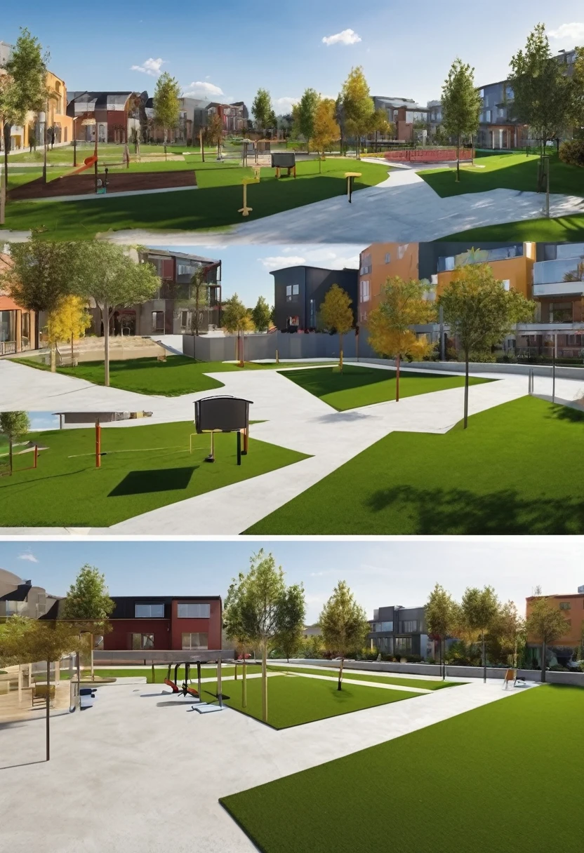 Create a view of small public rectangular lot playground. Small grass flooring and long playground. Long view. Narrow playground