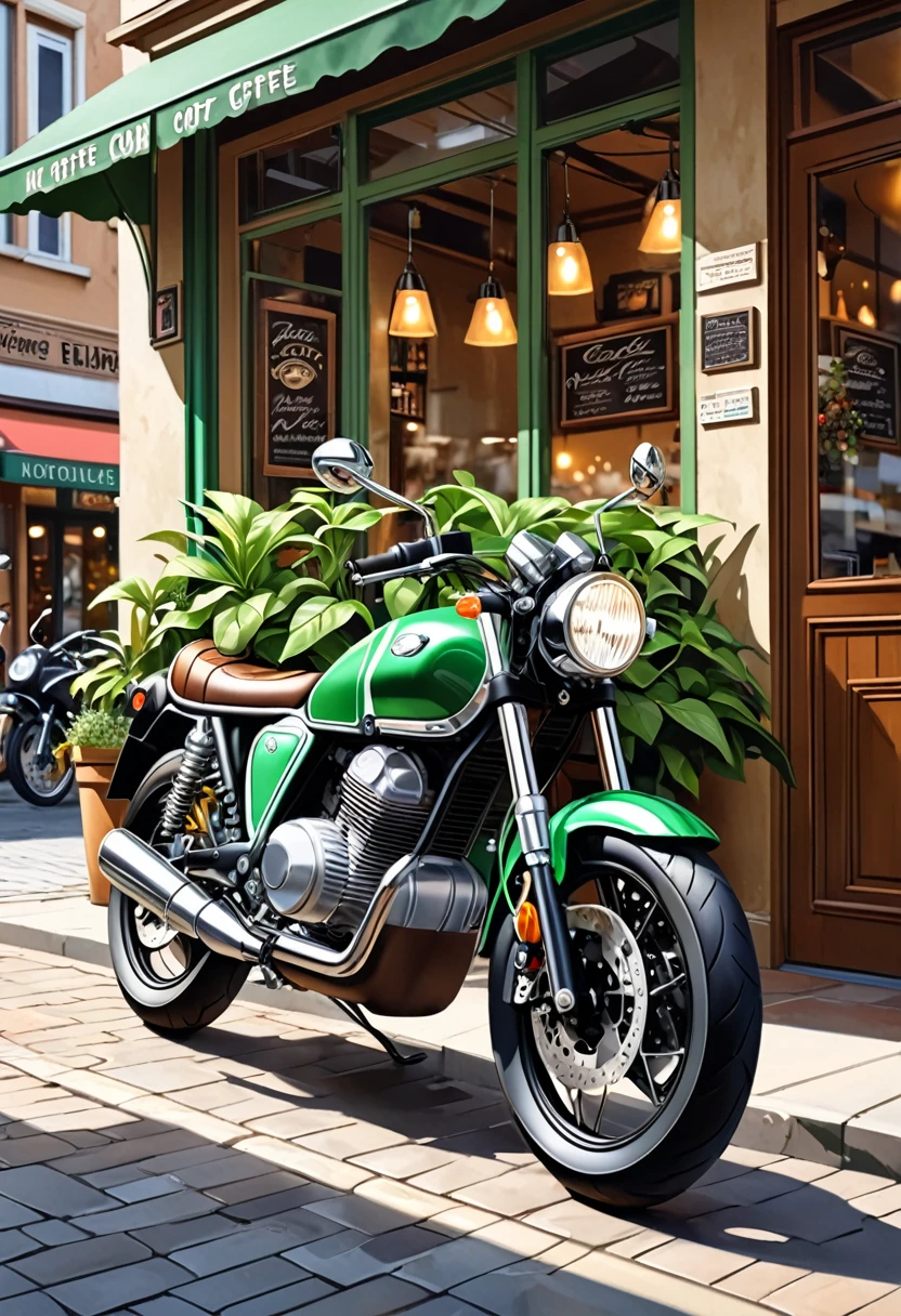 
                ( perfect ??????? )masterpiece, Beautiful detailed fresh and elegant aesthetic style airbrush digital oil painting beautiful artwork to create a fresh morning coffee shop scene photo，an electric motorcycle(Novel style，Unique)Closeup motorcycle( perfect anatomy ) Parked elegantly on the street next to the coffee shop.Coffee shop scene green plant masterpiece, Highly detailed, photo-realistic original photos, The best film quality, extremely delicate texture, high-quality works of art masters 
         

            

                