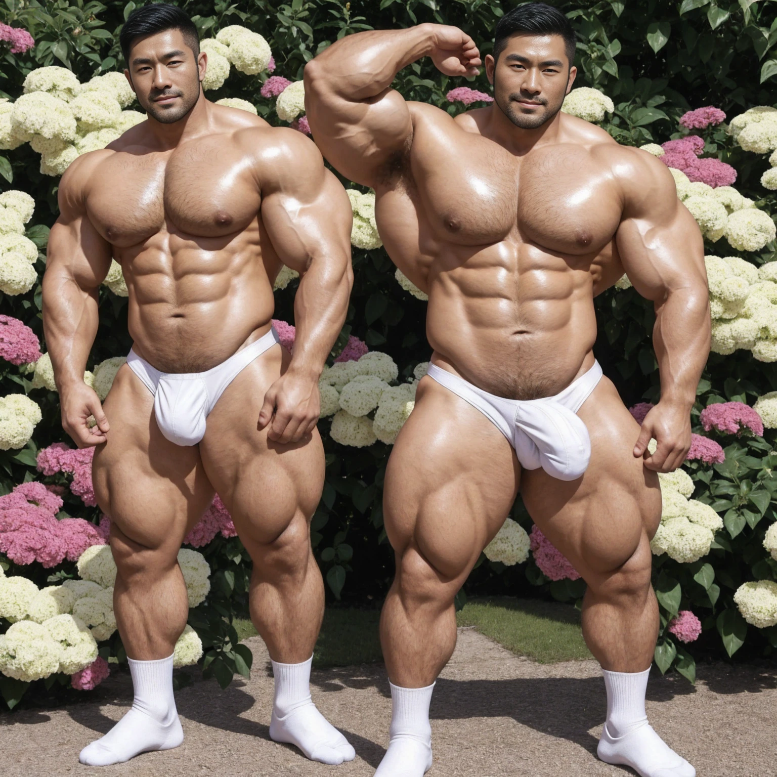There is only one handsome Asian actor in the photo,35 years old,High target, Fitness,short hair, O-Shaped Beard,Perfect body, Dark skin color,Radiant Skin,Smooth skin,Shiny, shiny skin,Smooth pectoral muscles,No chest hair,No body hair,Muscle bulge, muscular, Very large pectoral muscles,Very sexy abdominal muscles,Very well-developed leg muscles,Huge concave and convex area,Brightens oily skin,Wearing a white leather shiny thong,Handsome face, Correct and accurate male body proportions, Wear white socks,Put your hands behind your back,Stand among the flowers,Flowers bloom all around。