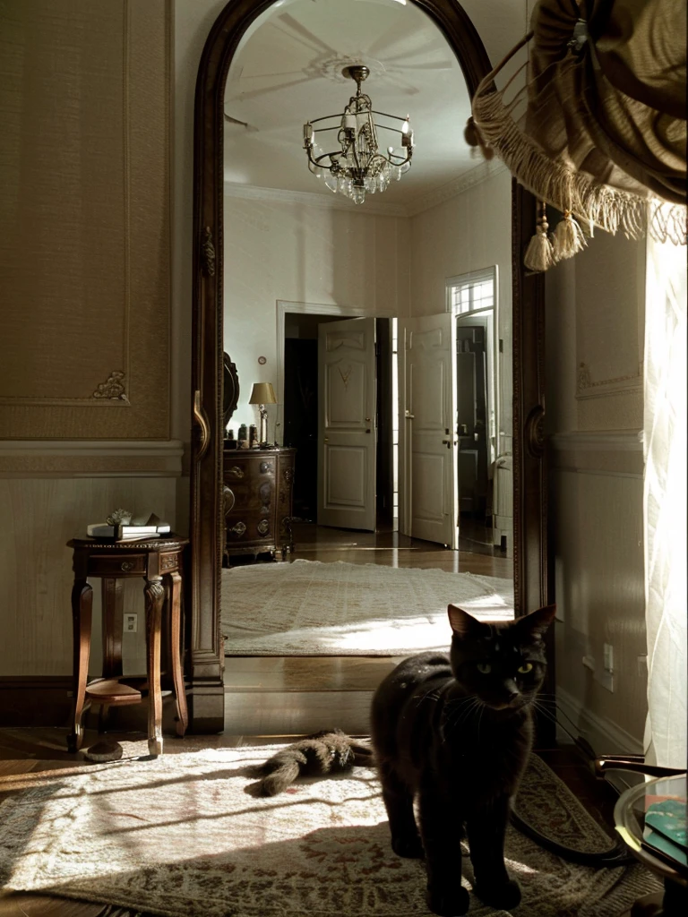Highly detailed image of the most realistic look. The central element of the image is a Moscow apartment, the setting of which corresponds to the sixties of the twentieth century. In the center of the room there is a large oval mirror on a stand., capable of rotating around a central axis horizontally. There is a big black cat in front of the mirror, as tall as an average person, standing on its hind legs. The cat drinks coffee: he has a cup of drink in his right front paw, and he takes a sip, and in the left front paw there is a saucer. The cat is turned half-turn towards us, and we see his reflection in the mirror. The interior of the room contains items typical of the sixties: furniture, wallpaper, Lights, books and other items, which add the atmosphere of time and place.