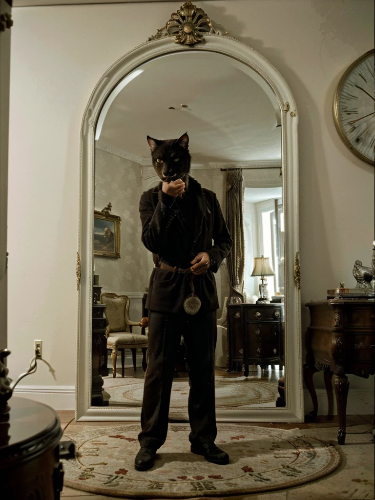 Highly detailed image of the most realistic look. The central element of the image is a Moscow apartment, the setting of which corresponds to the sixties of the twentieth century. In the center of the room there is a large oval mirror on a stand., capable of rotating around a central axis horizontally. There is a big black cat in front of the mirror, as tall as an average person, standing on its hind legs. The cat drinks coffee: he has a cup of drink in his right front paw, and he takes a sip, and in the left front paw there is a saucer. The cat is turned half-turn towards us, and we see his reflection in the mirror. The interior of the room contains items typical of the sixties: furniture, wallpaper, Lights, books and other items, which add the atmosphere of time and place.