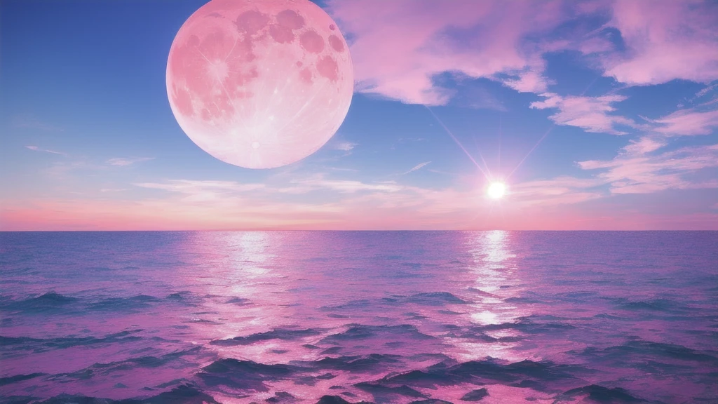 Pink Moon, Pink Sky, Soft pink clouds, pink ocean waves Sparkling, Sparkling, Pink roses in a sea of pink, Fantasy, diamond, Crown, universe, Soft Light,