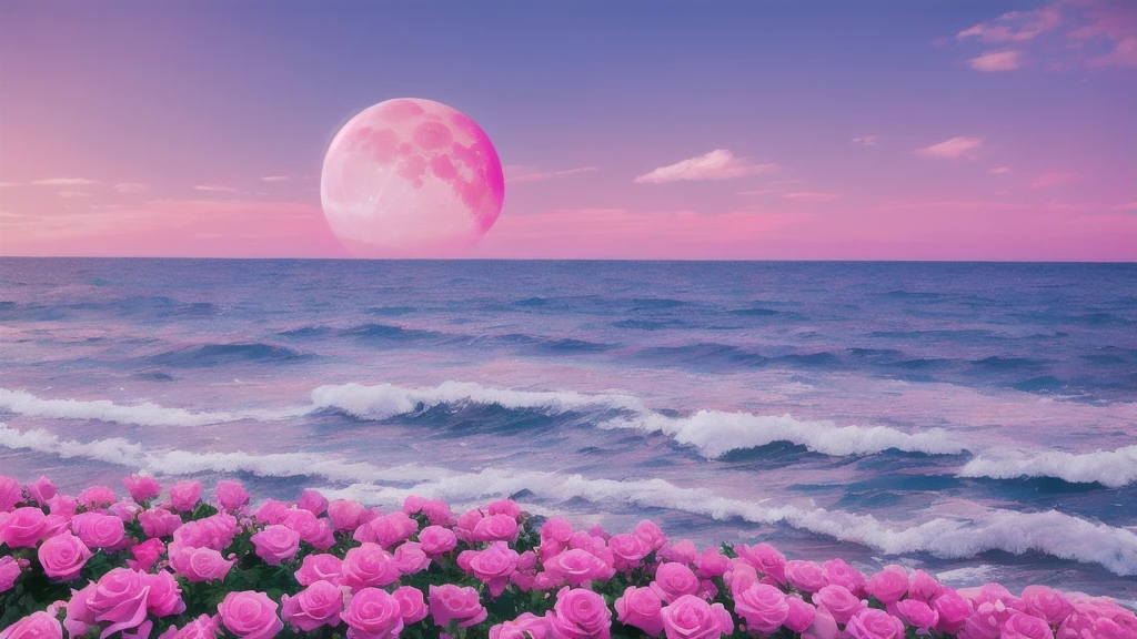 Pink Moon, Pink Sky, Soft pink clouds, pink ocean waves Sparkling, Sparkling, Pink roses in a sea of pink, Fantasy, diamond, Crown, universe, Soft Light,