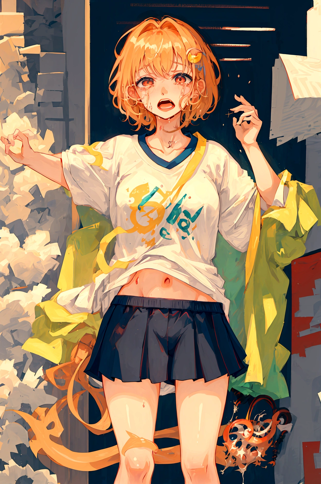 ((Highest quality)), ((masterpiece)),One Man,One Girl,young,Sweaty,humid,penis,Sex,No trimming,(((Girl trembling with sexual climax)))Round nipples,Insert,Turned away,Swirling Eyes,Anxious Girl,Hold your crotch with your hand,skirt,T-Shirts,Open Mouth,Are crying,Stunned girl,Popping Flash,Onomatopoeia,vapor,Onomatopoeia,Concentrated line,flipped up shirt,Sportswear,Exercise clothes,Wet clothes,Exhausted,Your face is flushed,Big Tits,Onomatopoeia,Pussy,high school student,Slip-up pants,Pussy,Black Hair,